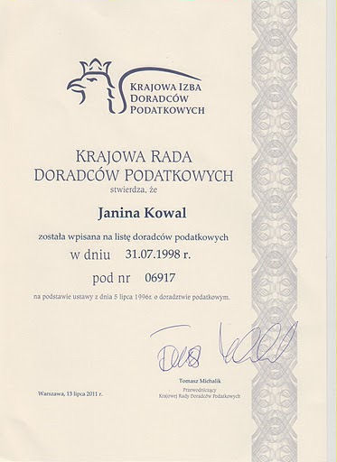 Janina Kowal - Certyfikat doradcy podatkowego